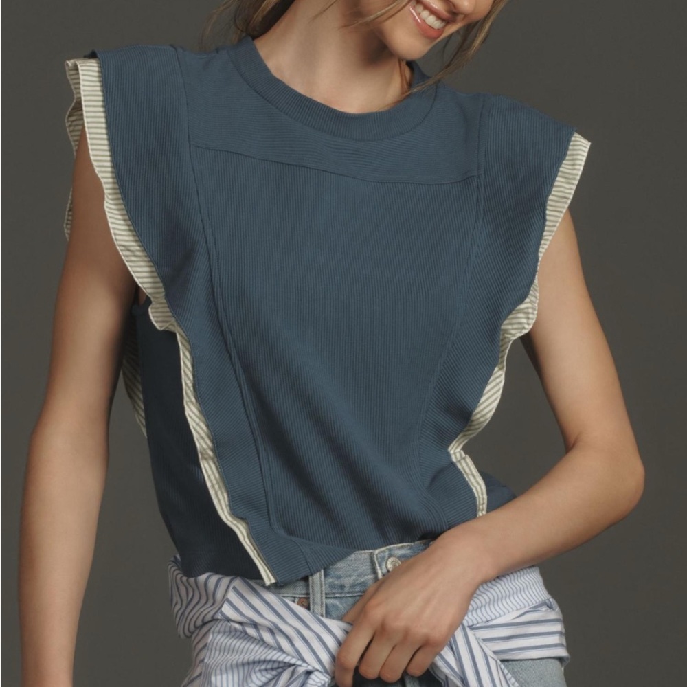 Anthropologie Sleeveless Menswear Popover Top Blue Small